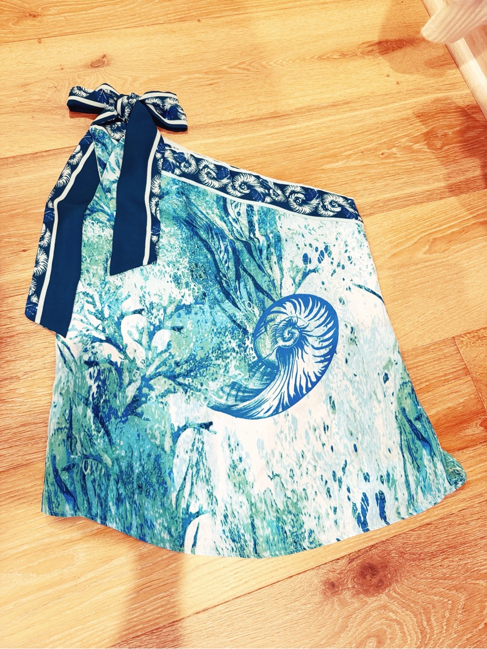 White House Black Market Blue & Teal Nautical Print One shoulder Top